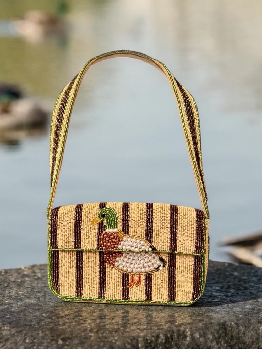 Anthropologie Cream, Brown & Green Beaded Duck Shoulder Bag - Picture 2 of 7
